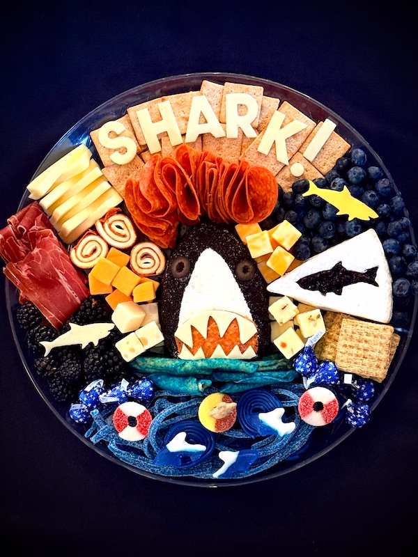 shark-cuterie board (shark charcuterie) for Shark Week viewing!