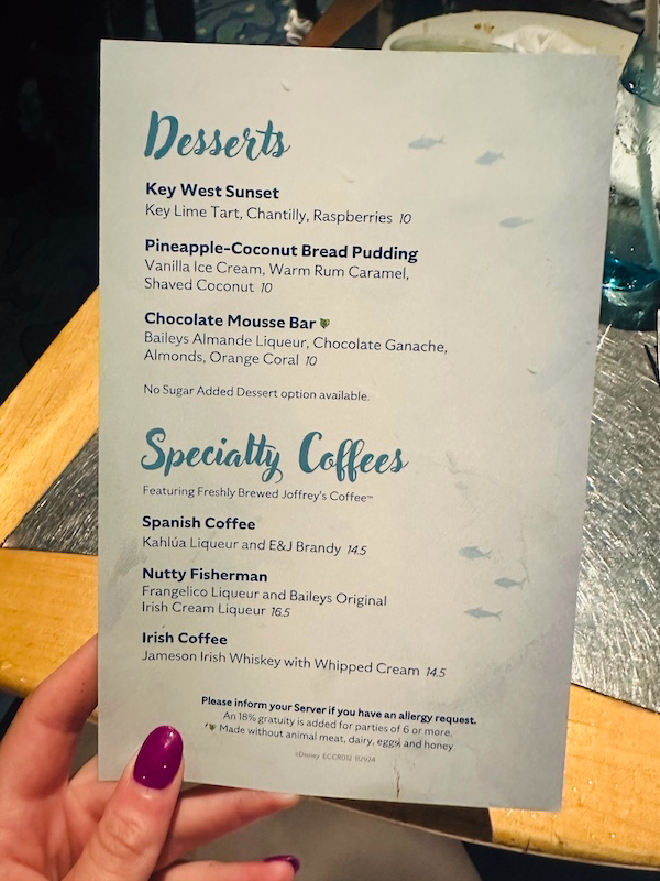 Coral Reef Restaurant Dessert Menu
