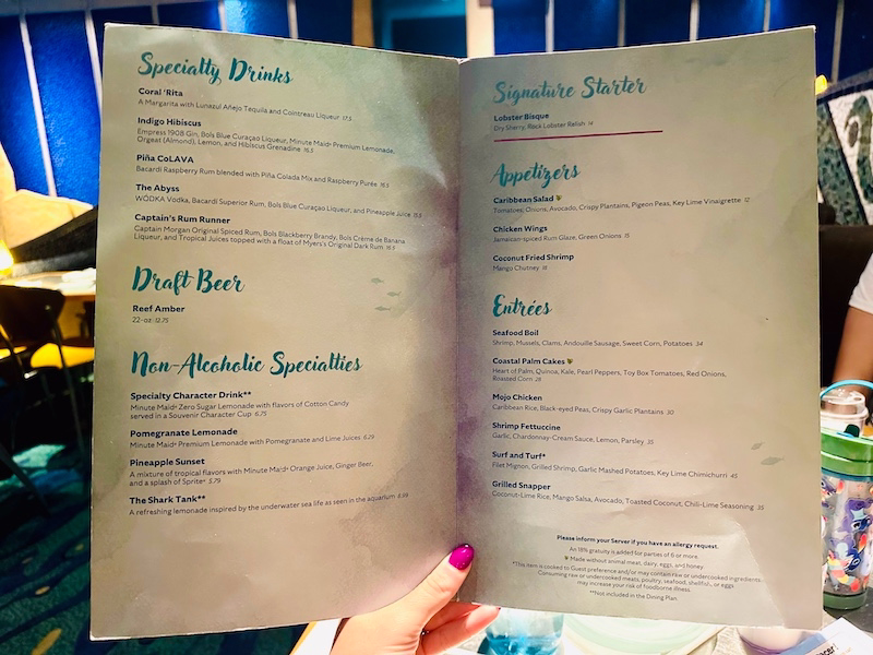 Coral reef dining review menu