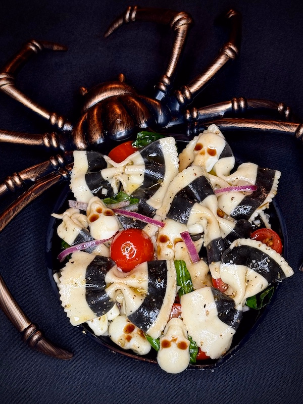 Gomez's striped farfalle pasta salad for Addams family themed dinner